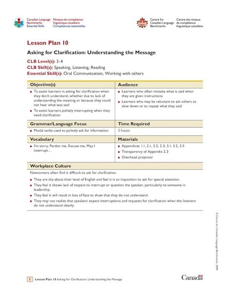 Lesson Plan 10: Asking for Clarification: Understanding the Message.